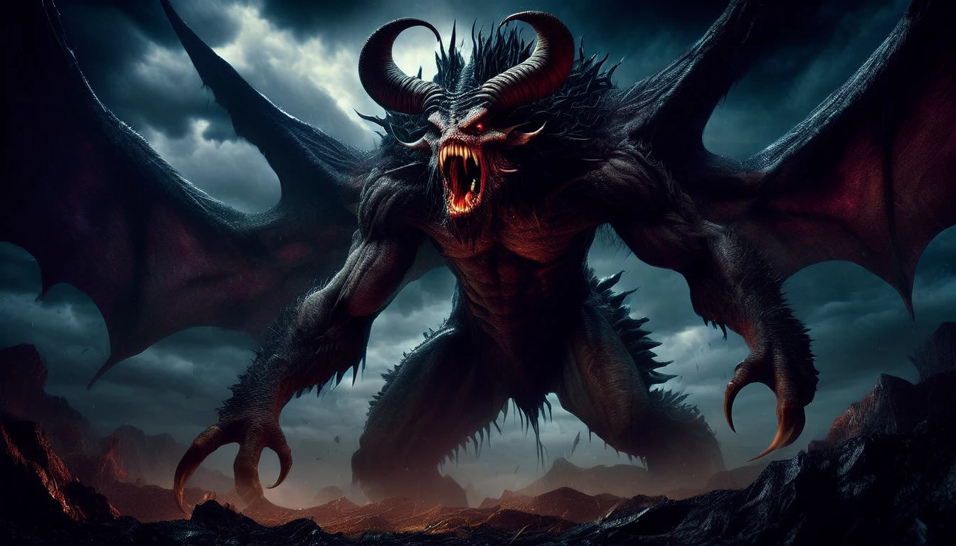 (Highest quality,4K,8K,High resolution,masterpiece:1.2),Giant creatures,Monstrous Being,Huge size,Huge scale,Attention to detail,Menacing body,Strong gaze,strong limbs,Huge size,Terrifying teeth and claws,Majestic horns and spines,Huge wingspan,A commanding presence,Intimidating posture,Dark and eerie environment,Dramatic lighting,Dark atmosphere,Dense teeth,Stormy Skies,thunder and lightning,Vibrant colors,Contrasting Tones,Dark and vibrant colors,Surreal textures,Detailed scales and skin,Sharp focus,Photo-realistic details,Characteristics of the Otherworld,Exaggerated anatomy,Biological anatomy research,monster,beast,Mythical creatures,Fantasy,creature design,Concept Artist.