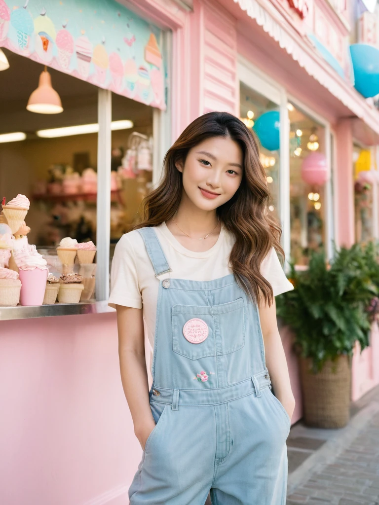 A captivating portrait photograph of a young Korean model, standing proudly in front of a vibrant ice cream shop with pastel-colored walls and whimsical decorations. Her long, wavy brown hair complements her casual yet stylish outfit: faded denim overalls with a "Anonymous" patch and an embroidered pink elephant. Her radiant smile lights up the scene, while the background, adorned with framed pictures, exudes a soft and dreamy atmosphere through a bokeh effect. The natural and bright daylight illuminates both the shop and the subject, highlighting the woman's expressive face and unique sense of style., portrait photography