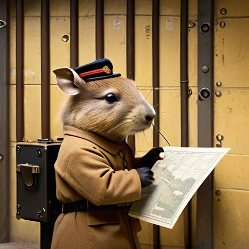 40s，The underground  used a telegraph machine to send messages in a dark tunnel，Female spy cute capybara wearing headphones，underground combat headquarters，Old map hanging on the wall，