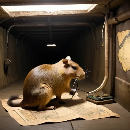 40s，The underground  used a telegraph machine to send messages in a dark tunnel，Female spy cute capybara wearing headphones，underground combat headquarters，Old map hanging on the wall，