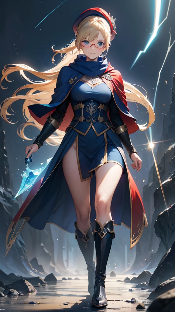 Best quality, Ultra detailed, best quality, insanely detailed, beautiful, masterpiece, 8k, 
break  
Lens Flare,night sky, Streaks of Light,refraction Glowing white lines ,Crossing Light,Shining Background, light particles
break 
crystal trees,
break 
1lady, blonde hair, )slicked back hair:1.2), , high ponytail, long hair, red Beret, blue Scarf ,blue Compression Shirt, blue eye glasses,  tareme , blue eyes, ultra detailed eyes, blue sheath skirt, mini skirt, (red and  blue cloak:1.2) , long cloak,blue boots, pale skin , full body, portlait, (stare at viewer:1.5),(seductive smile:1.3), (embarrassed:1.0),(orgasm:1.2), nsfw, 