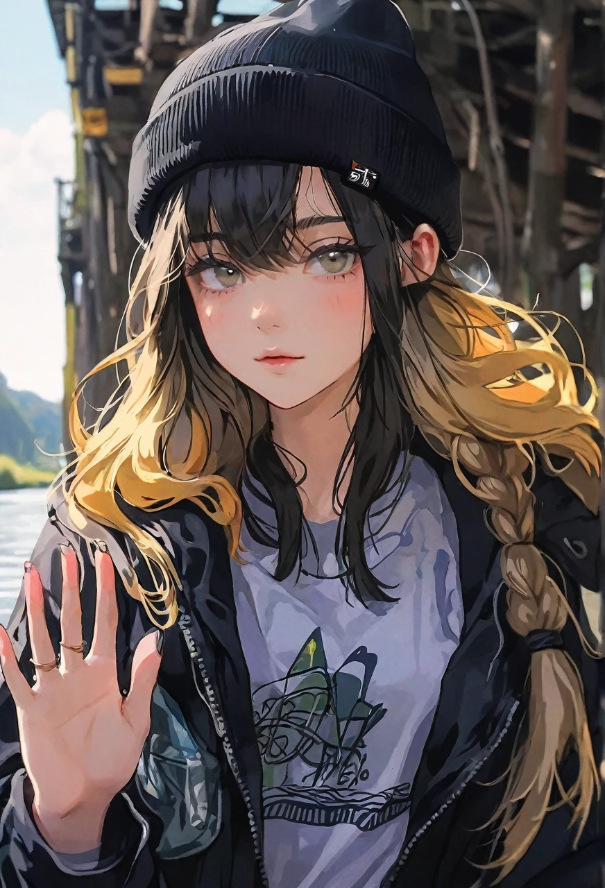 Walking river bank, loose black jacket, perfect hands, high detail, high quality, best detail, perfect irises, beanie, hipster, adult female, beanie, calm demeanor