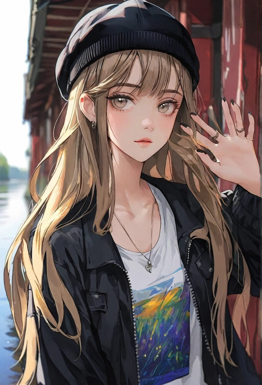 Walking river bank, loose black jacket, perfect hands, high detail, high quality, best detail, perfect irises, beanie, hipster, adult female, beanie, calm demeanor