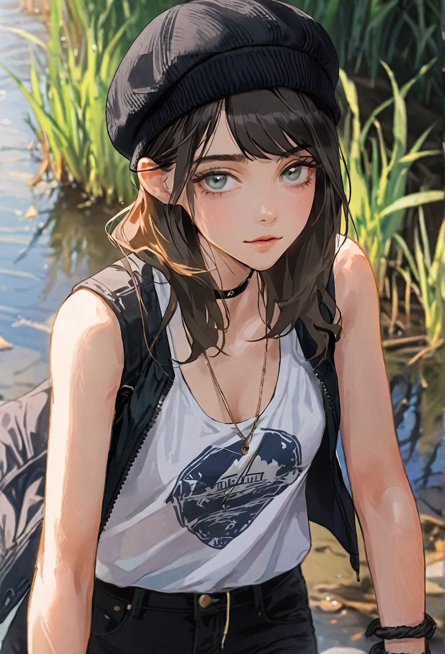 Walking river bank, loose black jacket, perfect hands, high detail, high quality, best detail, perfect irises, beanie, hipster, adult female, beanie, calm demeanor