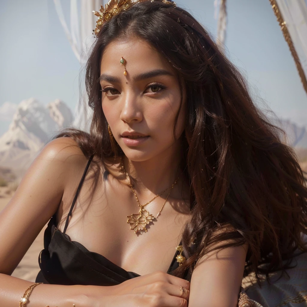 A desert princess in traditional Thai dress, intricate floral patterns, golden ornaments, long dark hair, piercing eyes, delicate features, ornate headdress, desert landscape behind, sunlight filtering through clouds, warm color tones, (best quality,4k,8k,highres,masterpiece:1.2),ultra-detailed,(realistic,photorealistic,photo-realistic:1.37),highly detailed, vibrant colors, cinematic lighting, dramatic shadows, ornate jewelry, graceful pose