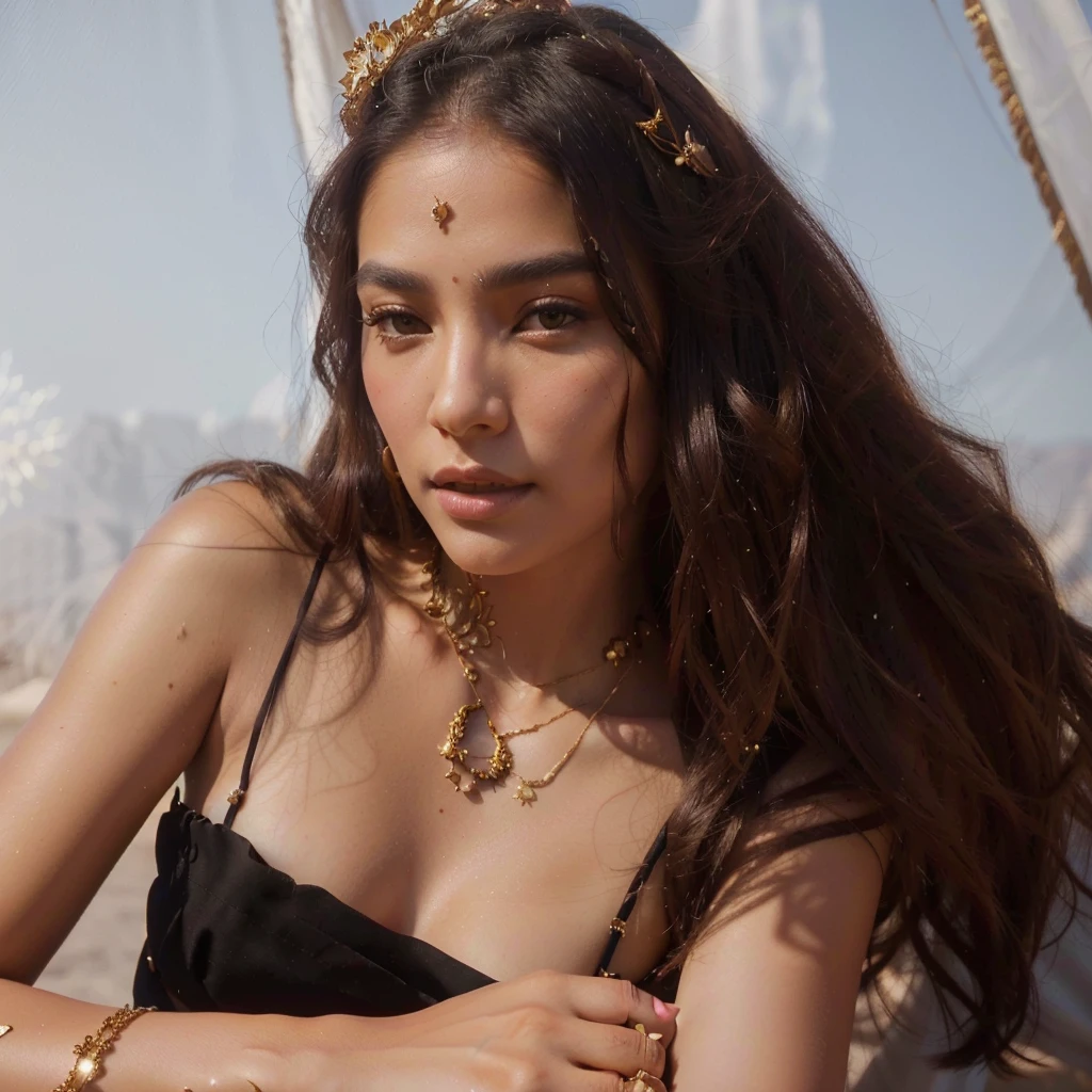 A desert princess in traditional Thai dress, intricate floral patterns, golden ornaments, long dark hair, piercing eyes, delicate features, ornate headdress, desert landscape behind, sunlight filtering through clouds, warm color tones, (best quality,4k,8k,highres,masterpiece:1.2),ultra-detailed,(realistic,photorealistic,photo-realistic:1.37),highly detailed, vibrant colors, cinematic lighting, dramatic shadows, ornate jewelry, graceful pose