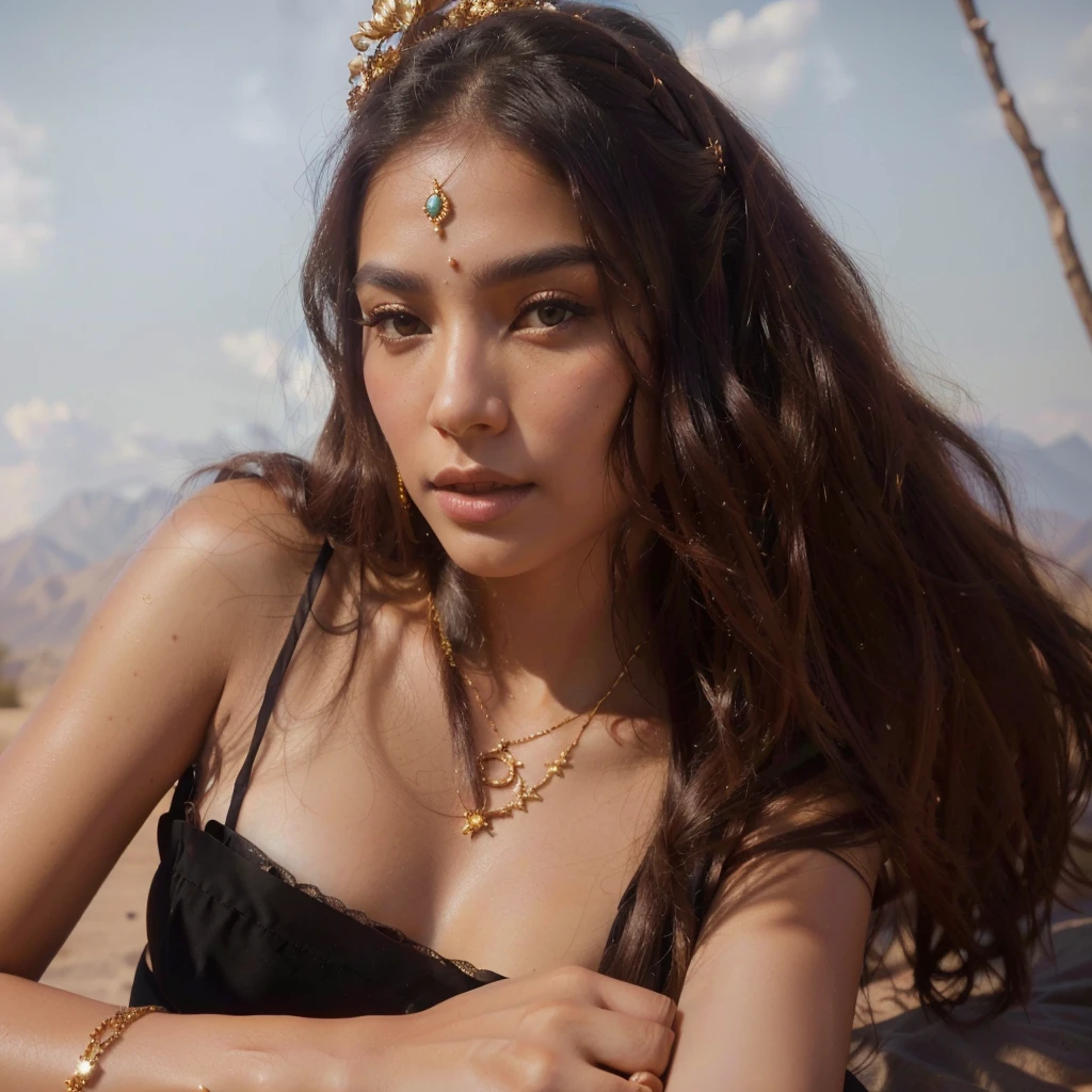 A desert princess in traditional Thai dress, intricate floral patterns, golden ornaments, long dark hair, piercing eyes, delicate features, ornate headdress, desert landscape behind, sunlight filtering through clouds, warm color tones, (best quality,4k,8k,highres,masterpiece:1.2),ultra-detailed,(realistic,photorealistic,photo-realistic:1.37),highly detailed, vibrant colors, cinematic lighting, dramatic shadows, ornate jewelry, graceful pose