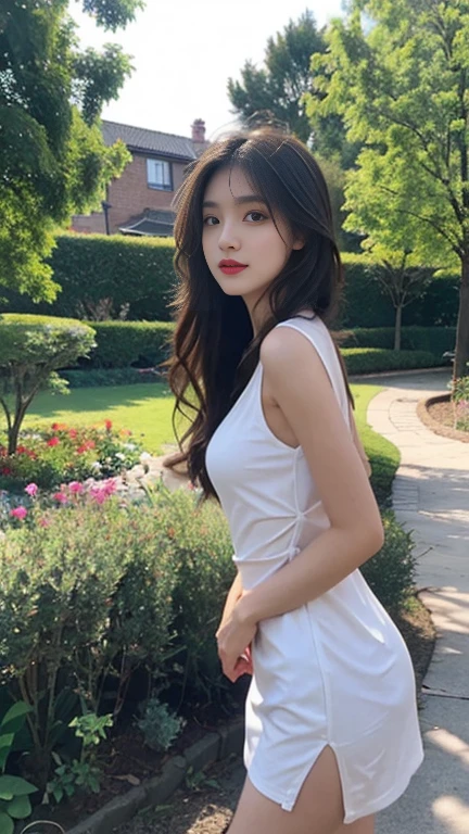 1 Girl,garden,Soft Light,Chinese Beauty,Tight Fit,Black dress,,Dark-haired,long hair