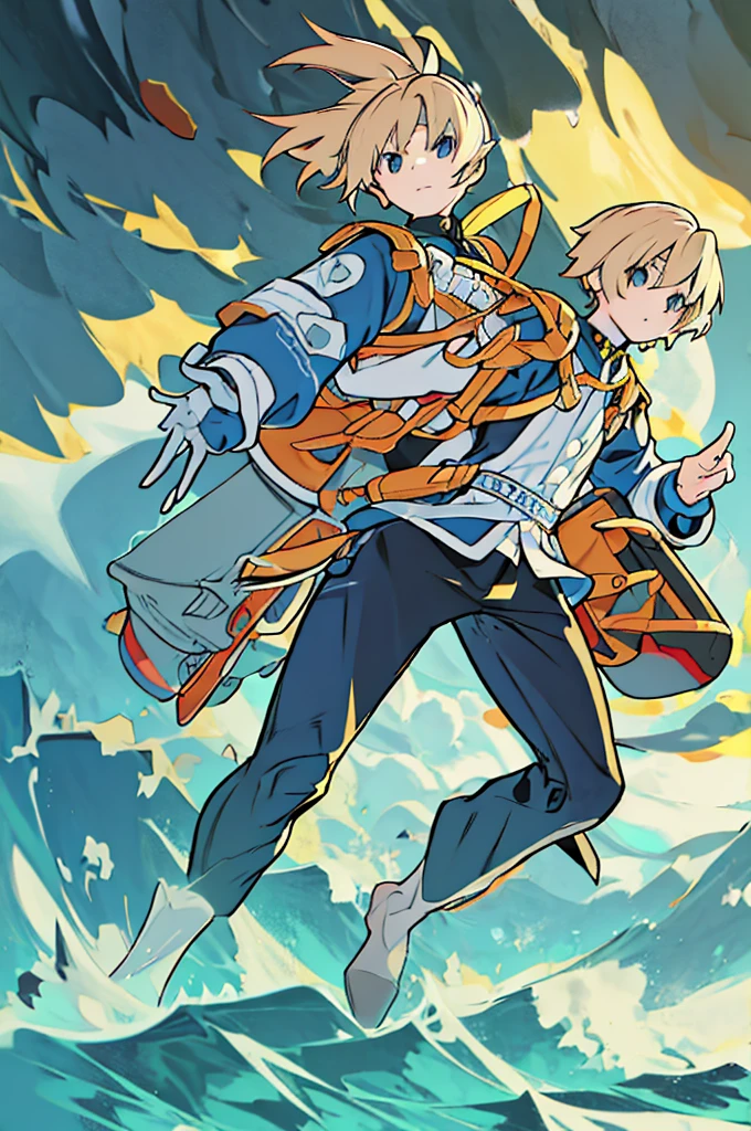 They are 12-year-old boys twin blondes with silver eyes. One has an energetic and curious expression, dressed in rugged survival attire. Another one appears more serious and focused, also dressed in practical survival gear with a pragmatic touch. it has to be full body 
