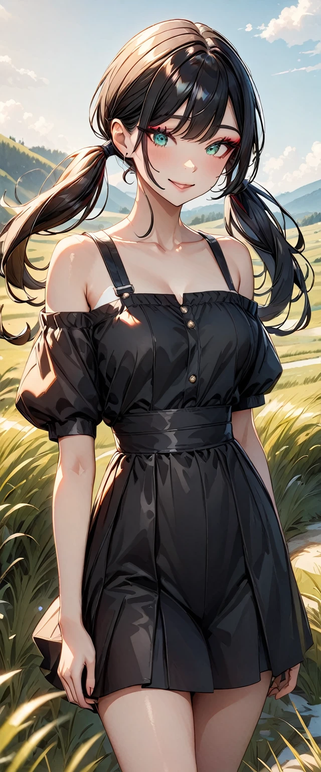 Photo of a woman with natural skin, grassland, Upper Body, Smiling, High Twintails, Black hair with red mesh, Sharp eyes with red eyeshadow, Blue-green eyes, Shining eyes, A thin, upturned nose, Well-shaped lips, ((Black off-the-shoulder dress, Thin shoulder straps)), barefoot, Makeup, Exquisitely crafted with the utmost attention to detail, Vibrant, amazing, Smooth, Cinematic, 4K, Backlight, ((綺麗な星空が見える広いgrassland)), Shallow depth of field, ((Detailed eyes:1.3, Detailed lips:1.3, high quality, )), masterpiece, Super detailed images, High quality