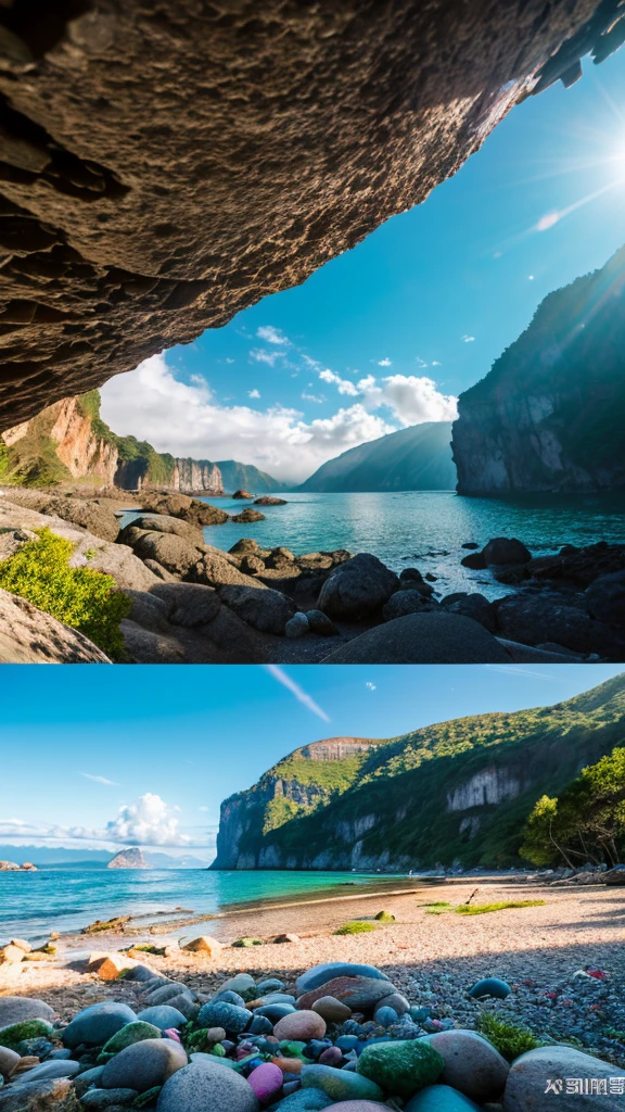 there is a rainbow in the sky over a beach with rocks and pebbles, seashore, Alpine Forest Landscape Photo,Steep mountain roads,Clear and transparent lake,wood,Bushes,Fallen leaves,Dawn Sun,Kasumi,Cliffs and mountains,Dilapidated,Lonely,cold,Foggy sky,Not a dazzling morning sun,Nightmare vision,Dark fantasy plot,Perfect and excellent composition,8K resolution,detailed,restricted,close ultra-wide angle shot,Realistic,Beautiful sky,Colorful clouds float,True to life, The private parts are clearly visible, Perfect perfection, Digital single-lens reflex camera, 1024, 2048, 4096, detailedな, sharp, Best Quality, high quality, Absurd,Unattended background,Very detailed、detailedな照明の影,Art Station Trends、Complex、expensivedetailed、dramatic、(Volumetric Lighting:1.2)HDR shot。(close,Super Depth of Field,Ultra Wide Angle,Microfocal Lenses:1.2)(Realistic:1.4)Masterpiece、expensive、expensive品質、beautiful photo,Global illumination magical beach, sunny rainbow galaxy stormy sea, by Igor Grabar, colorful hd picure, near the seashore, rainbow reflections, just one rainbow 8 k, beach landscape, still of rainbow ophanim, calm vivid colors, by Marie Bashkirtseff, beautiful beach