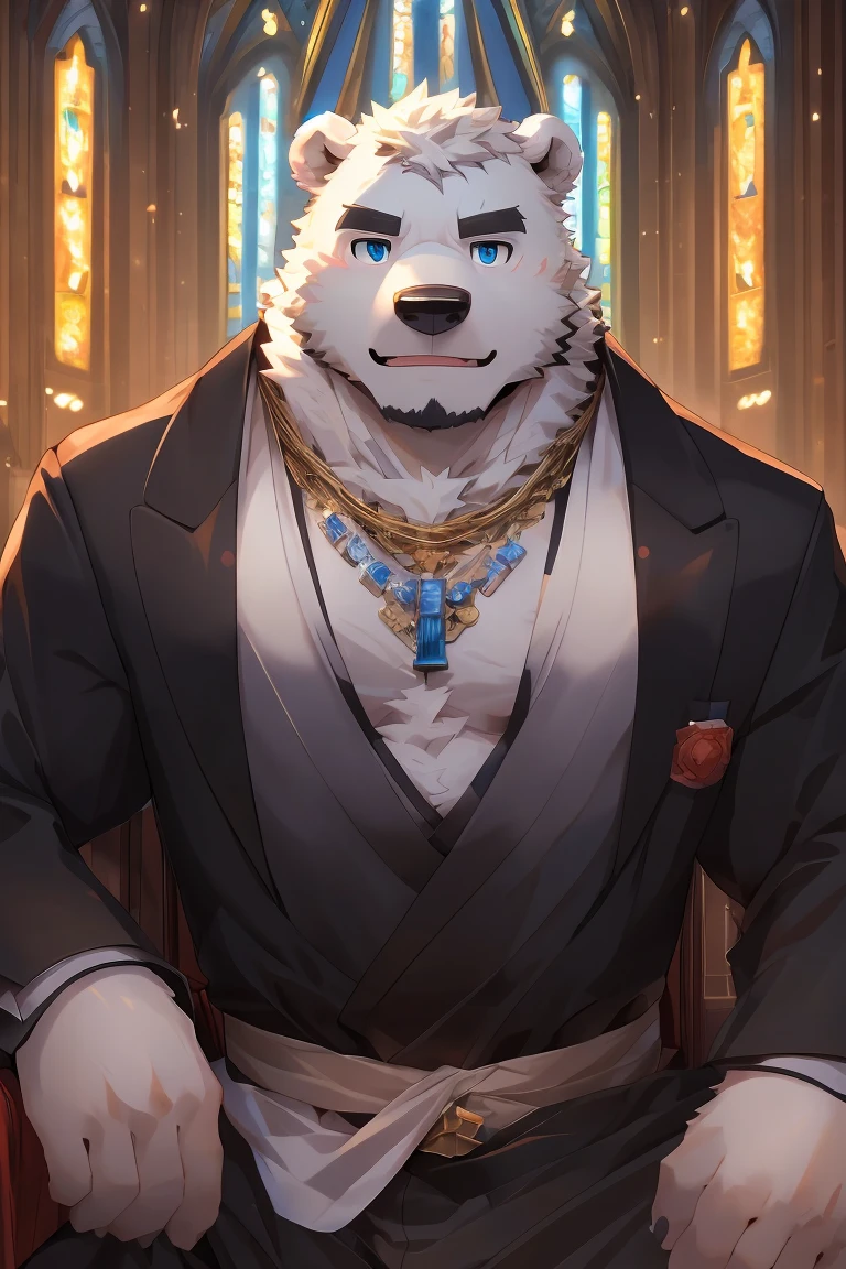  1boy, male focus,furry,polar bear,white fur,bear ear,bear tail,muscular,Best quality,masterpiece, ultra high res,cozy anime, detailed background, game_cg,  male focus, bara,blue eyes,looking at viewer,detailed eyes,sparkling eyes,black robe,:),church,necklace,age up