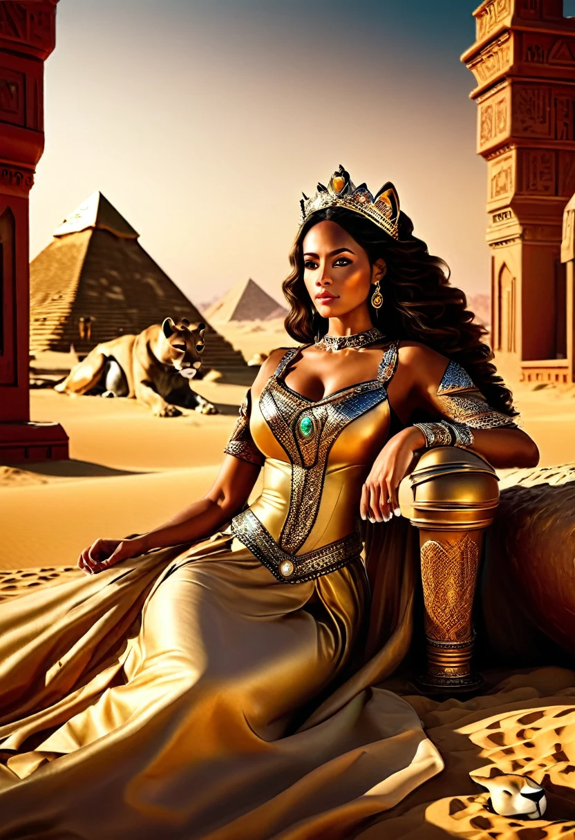 Arafed picture of a desert princess BREAK and her pet cougar in her palace high details, best quality, 16k, f a female human princess and her pet cougar, princess of the desert, full body, ((anatomically correct: 1.5)) ((standing: 1.5)) proudly royalty demeanor, a woman, (best detailed face: 1.5), Ultra Detailed face, wearing royal desert dress, decorated with gems, wearing princess tiara, small cleavage, thigh high intricate leather high heeled boot, thick hair, long hair, brown hair, tan skin intense brown eyes, her epic desert (cougar : 1.3) lying at her feet, guarding her, an epic fantasy desert palace in an oasis in the background (intricate details, Masterpiece, best quality: 1.5) night, moon light, stars ,Wide-Angle, award winning, best quality, high quality, high details, highres, vibrant, Ultra-high resolution, High Contrast, (masterpiece:1.5), highest quality, Best aesthetics, best details, best quality, highres, ultra wide angle, 16k, [ultra detailed], masterpiece, best quality, chumbasket art style, Cinematic Hollywood Film,