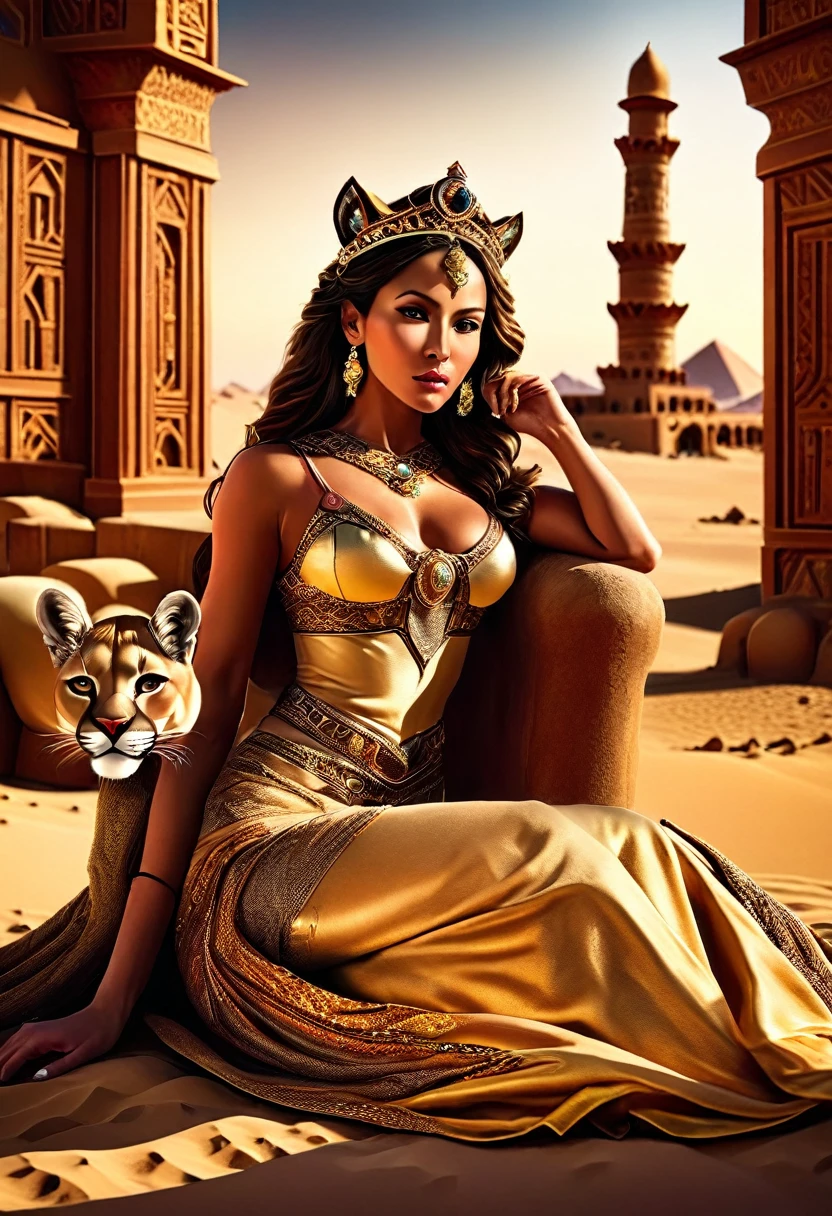 Arafed picture of a desert princess BREAK and her pet cougar in her palace high details, best quality, 16k, f a female human princess and her pet cougar, princess of the desert, full body, ((anatomically correct: 1.5)) ((standing: 1.5)) proudly royalty demeanor, a woman, (best detailed face: 1.5), Ultra Detailed face, wearing royal desert dress, decorated with gems, wearing princess tiara, small cleavage, thigh high intricate leather high heeled boot, thick hair, long hair, brown hair, tan skin intense brown eyes, her epic desert (cougar : 1.3) lying at her feet, guarding her, an epic fantasy desert palace in an oasis in the background (intricate details, Masterpiece, best quality: 1.5) night, moon light, stars ,Wide-Angle, award winning, best quality, high quality, high details, highres, vibrant, Ultra-high resolution, High Contrast, (masterpiece:1.5), highest quality, Best aesthetics, best details, best quality, highres, ultra wide angle, 16k, [ultra detailed], masterpiece, best quality, chumbasket art style, Cinematic Hollywood Film,