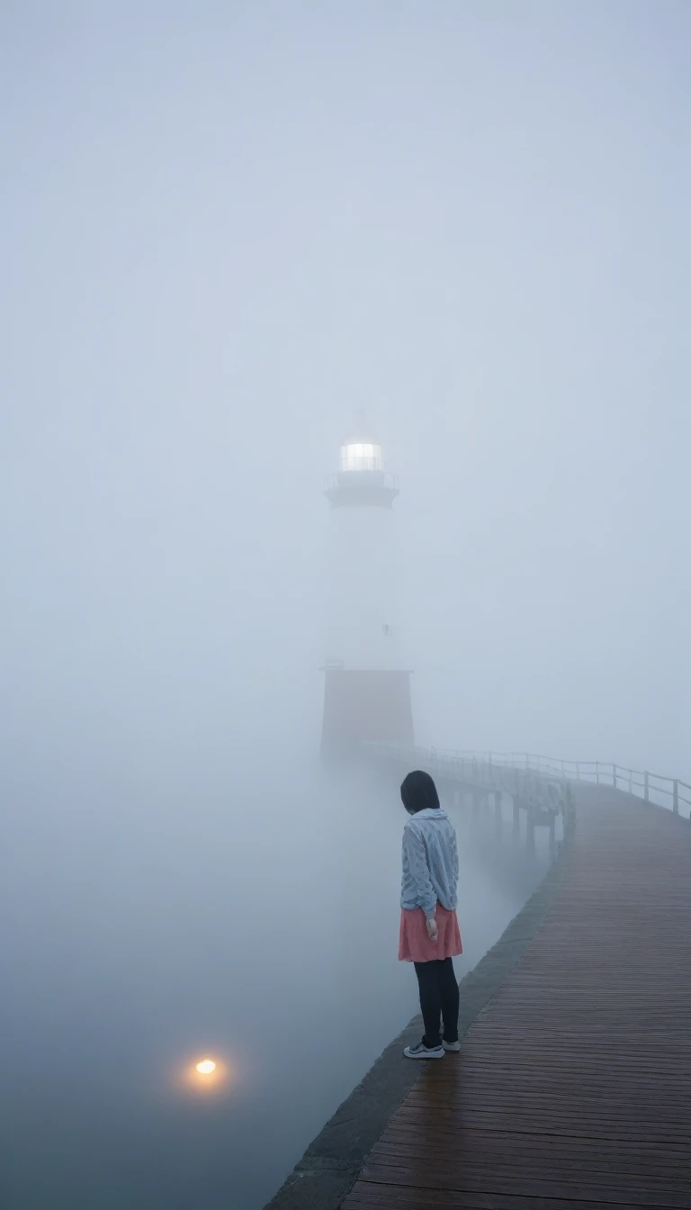 girl,짧은 middle 머리. cool,rain,blur,Fog,middle,cool,boring,,pier,Only,lighthouse,Coast, The dim light shines in the Fog,and the figure stands in the Fog holding an umbrell