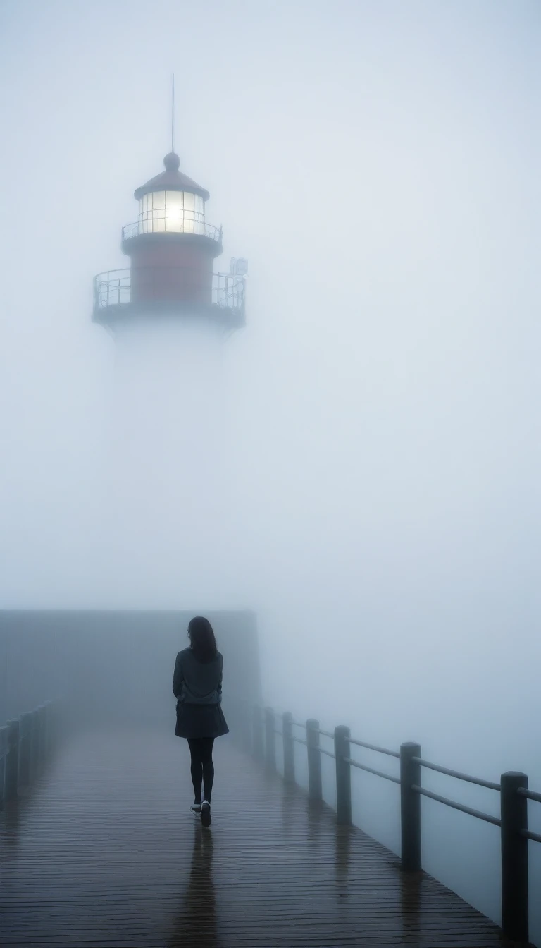 girl,짧은 middle 머리. cool,rain,blur,Fog,middle,cool,boring,,pier,Only,lighthouse,Coast, The dim light shines in the Fog,and the figure stands in the Fog holding an umbrell