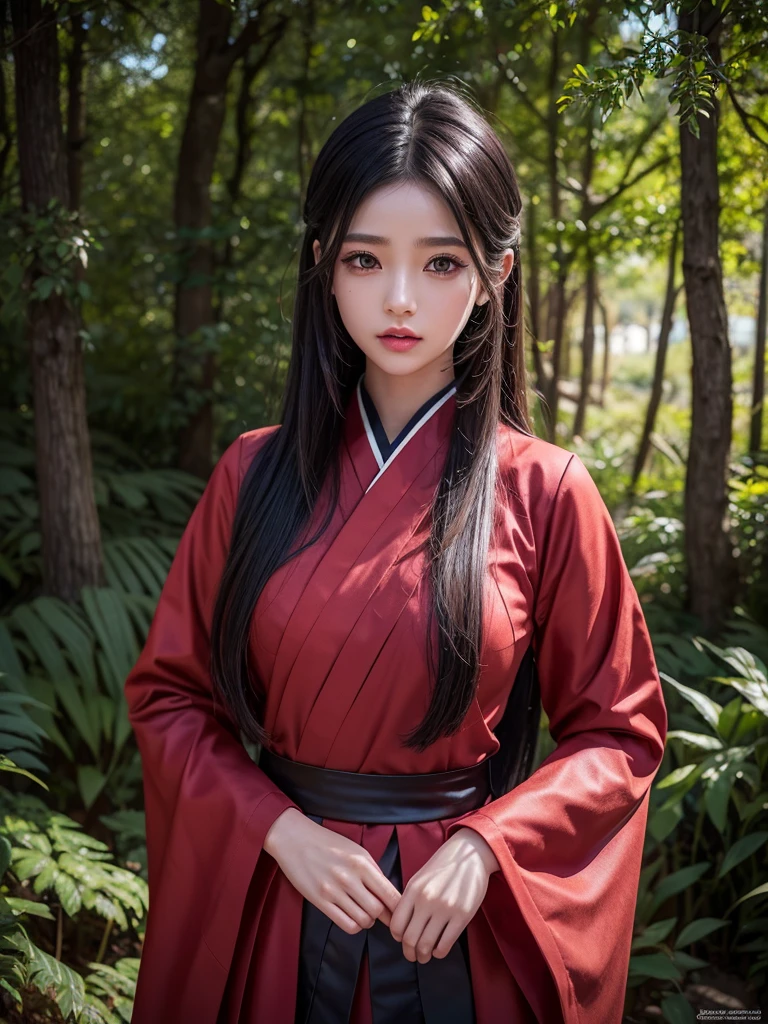 1girl, extremely detailed eyes and face, beautiful detailed eyes, beautiful detailed lips, long eyelashes, demon slayer uniform, red haori, plus-shaped scar, forest, elegant, kind expression, demon slayer art style, shining, diamond-like, anime, young girl, masterpiece, ultra-detailed, photorealistic, 8k, best quality