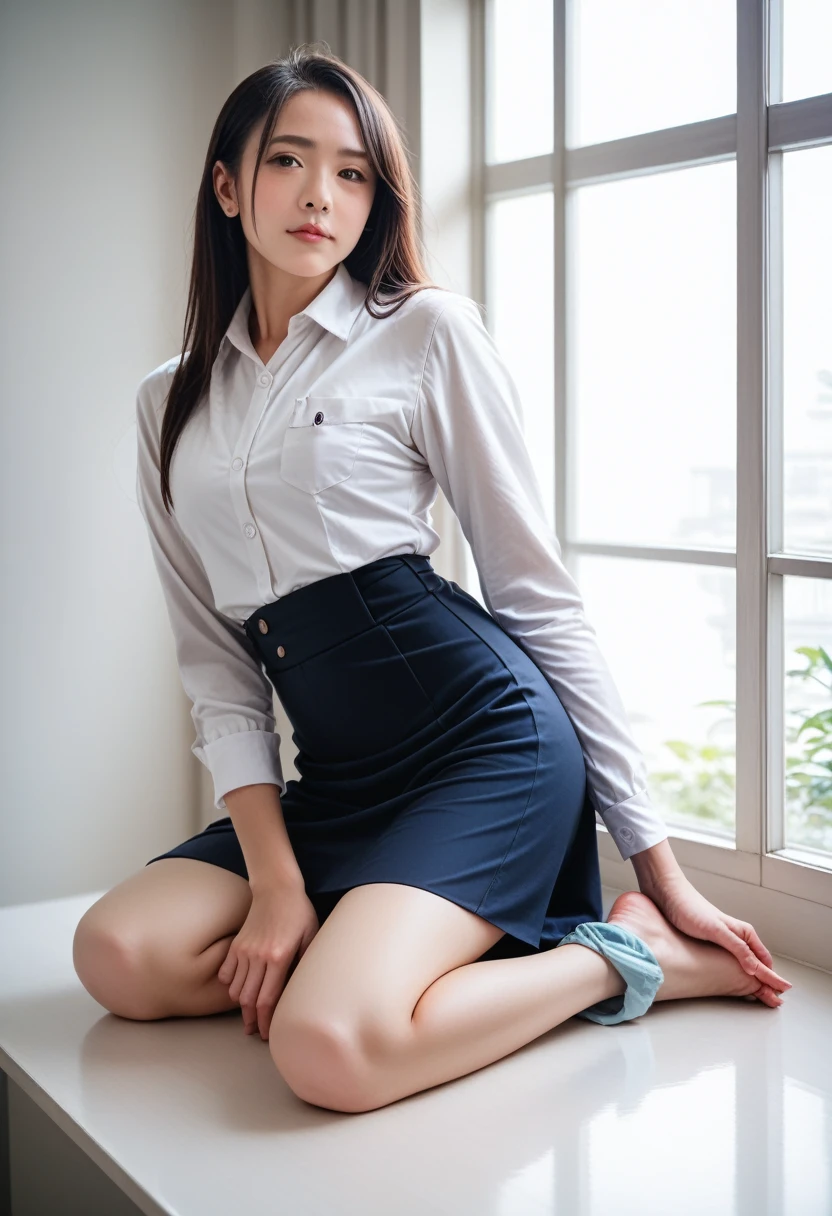 8k, raw photo, best quality, masterpiece, realistic, photo realistic, clear, professional lighting, beautiful face, best quality,ultra high res, realistic japanese beautiful, Super detailed, 1girl,full body, skirt around one leg