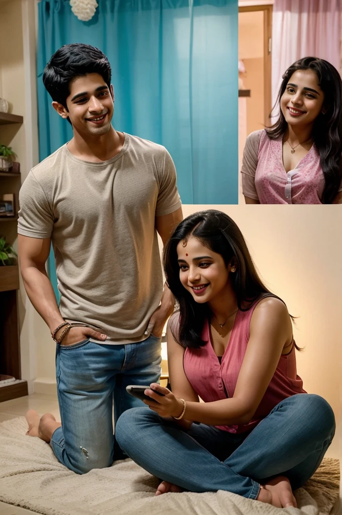 "A split-screen image showing Sidharth and Mini in their separate homes, both smiling warmly at their phones, with thought bubbles above them containing shared memories of their time together, surrounded by a soft glow to emphasize their growing emotional connection."