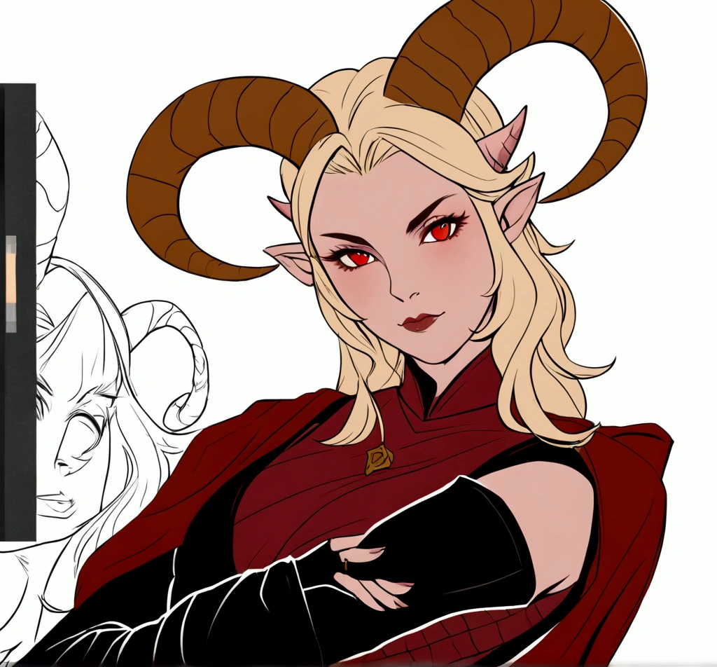 there is a drawing of a female character with horns and a goat head, dnd portrait of a tiefling, tiefling from d & d, tiefling female warlock, tiefling, with horns, clean lineart and color, attractive tiefling druid, girl design lush horns, fit male demon with white horns, wip, horns and red eyes, colored lineart