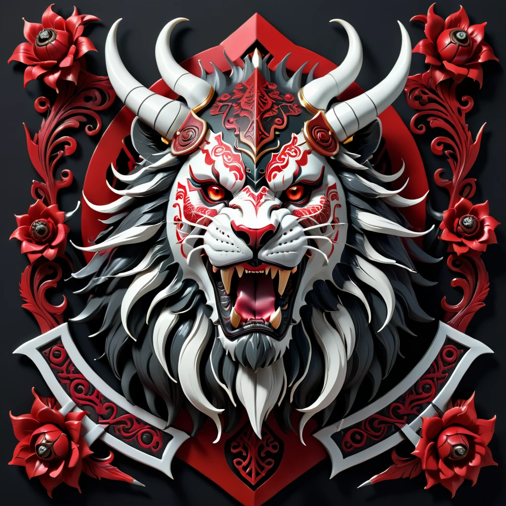 The image shows the face of a beast, a creature like a lion, in red, black and white. The beast displays a menacing look with crossed swords entering its mouth and piercing its head. Above the creature's head is a decorative helmet, and the bottom of the image is adorned with red floral details. The combination of colors and elements gives an aggressive and imposing tone to the design.