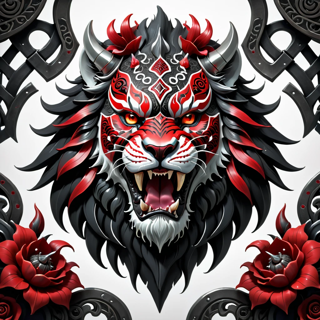 The image shows the face of a beast, a creature like a lion, in red, black and white. The beast displays a menacing look with crossed swords entering its mouth and piercing its head. Above the creature's head is a decorative helmet, and the bottom of the image is adorned with red floral details. The combination of colors and elements gives an aggressive and imposing tone to the design.
