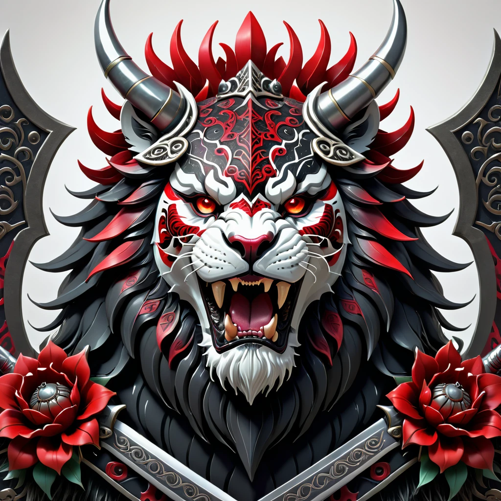 The image shows the face of a beast, a creature like a lion, in red, black and white. The beast displays a menacing look with crossed swords entering its mouth and piercing its head. Above the creature's head is a decorative helmet, and the bottom of the image is adorned with red floral details. The combination of colors and elements gives an aggressive and imposing tone to the design.
