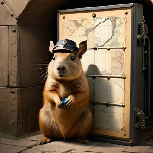 40s,The underground used a telegraph machine to send messages in a dark tunnel,Female spy cute capybara wearing headphones,underground combat headquarters,Old map hanging on the wall,
