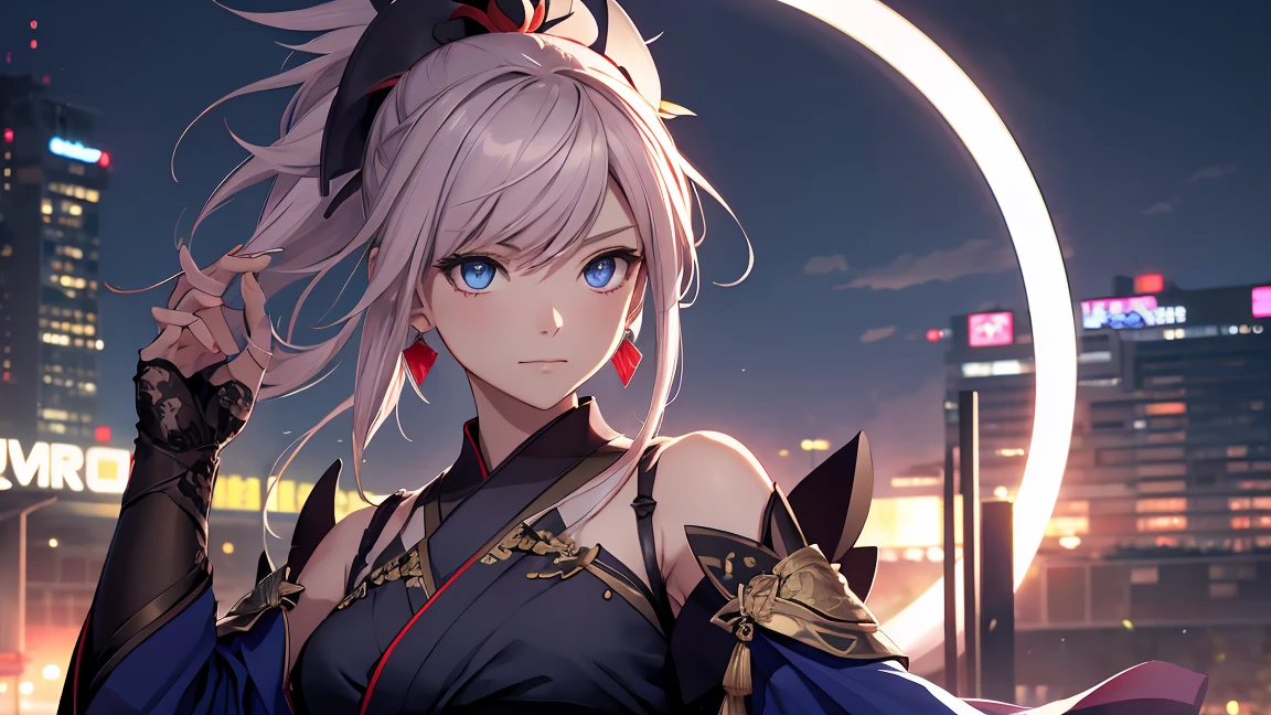 Browsing Caution　(Highest quality:1.5, High resolution, 超High resolution, 4K, Detailed lighting, Shaders)miyamoto musashi asymmetrical hair, blue eyes, Earrings, hair ornaments, Pink Hair, ponytail, Side Lock, break bare shoulders, blue kimono, Removable sleeves, elbow sleeve, kimono, kimono, heart, sash, Sleeveless, Sleeveless kimono, break outdoors, city, break looking at viewer, break (masterpiece:1.2), Highest quality, High resolution, unity 8k wallpaper, (shape:0.8), (Beautiful details:1.6), Highly detailed face, Perfect lighting, Extremely detailed CG, (Perfect hands, Perfect Anatomy),