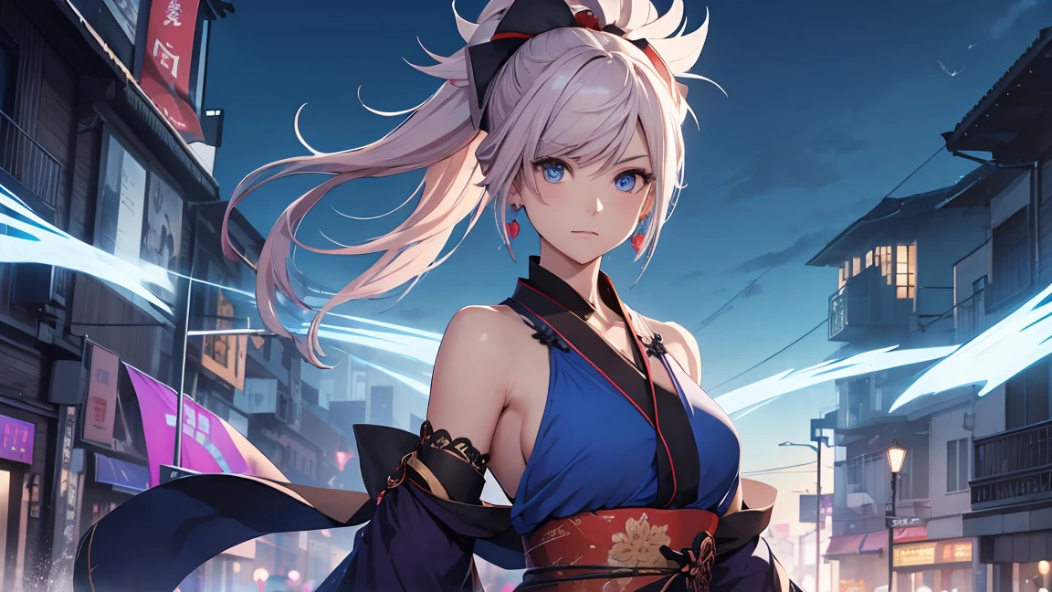 Browsing Caution　(Highest quality:1.5, High resolution, 超High resolution, 4K, Detailed lighting, Shaders)miyamoto musashi asymmetrical hair, blue eyes, Earrings, hair ornaments, Pink Hair, ponytail, Side Lock, break bare shoulders, blue kimono, Removable sleeves, elbow sleeve, kimono, kimono, heart, sash, Sleeveless, Sleeveless kimono, break outdoors, city, break looking at viewer, break (masterpiece:1.2), Highest quality, High resolution, unity 8k wallpaper, (shape:0.8), (Beautiful details:1.6), Highly detailed face, Perfect lighting, Extremely detailed CG, (Perfect hands, Perfect Anatomy),