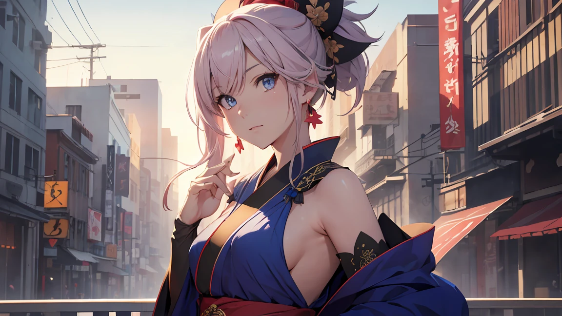 Browsing Caution　(Highest quality:1.5, High resolution, 超High resolution, 4K, Detailed lighting, Shaders)miyamoto musashi asymmetrical hair, blue eyes, Earrings, hair ornaments, Pink Hair, ponytail, Side Lock, break bare shoulders, blue kimono, Removable sleeves, elbow sleeve, kimono, kimono, heart, sash, Sleeveless, Sleeveless kimono, break outdoors, city, break looking at viewer, break (masterpiece:1.2), Highest quality, High resolution, unity 8k wallpaper, (shape:0.8), (Beautiful details:1.6), Highly detailed face, Perfect lighting, Extremely detailed CG, (Perfect hands, Perfect Anatomy),