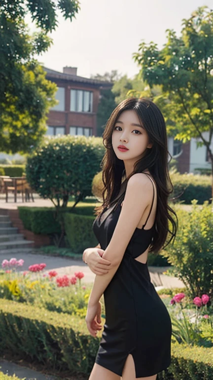 1 Girl,garden,Soft Light,Chinese Beauty,Tight Fit,Black dress,,Dark-haired,long hair