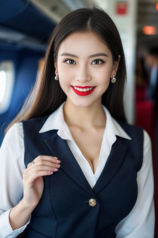 (8K High Resolution), (Highest quality), (RAW Image Quality),(Tabletop:1.2), (Realistic), (Realistic:1.37), ,Large Eyes,Long eyelashes,(Live-action realistic style),The ultimate face,Realistic light and shadow,Distinct facial features,,Fair skin, ),(The ultimate face,Extraordinary beauty),Best Portrait, One girl,Beautiful attention to detail,Highly detailed skin,(Beautiful face with double eyelids), (realism: 1.4),((Full body image)) ,Delicate and beautiful face,,Female about 20 years old,(Beautiful Face 1.4),Hair length is random,((Japanese in uniform)),(Red lipstick,Discomfort around the eyes,Earrings Beautiful),((Taken inside an airplane)),(Are standing,Without skirt),(Flight attendant uniform)),Red lipstick,Discomfort around the eyes,(Flight attendants in uniform),,(cowboy shot standing),Shoot from the front,,Close-range shooting,I can see her ,(((Bring your audience the best smile))),Pose with one hand on your hip