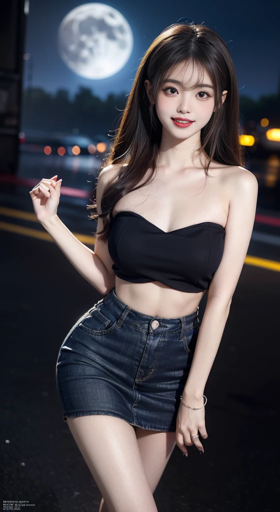 jirai kei, ((Bare shoulders)), ((Full breasts)), ((The skirt is short)), ((Sexy legs)), ((knee shot)), ((Standing, Elegant posture)), Beauty, Practical, Fashion Girl, Red lips, Mature women, Exquisite makeup, big eyes, beautiful, (best quality, masterpiece:1.2), Extremely detailed, (Practical:1.37), ((Random Scenes, Random shooting angle)), ((Sexy long legs)), Young and energetic, Charming model, (Exquisite eyes, Delicate lips), Show a bright smile, Create stunning girl images, warm color, Extremely saturated colors, Official Art, Extremely detailed的 CG, Unity 8K wallpaper, (High Dynamic Range :1.4), (Movie atmosphere),(Soft colors), (Natural skin texture, ultra-Practical, Soft Light, sharp),(Very detailed), night, moonlight