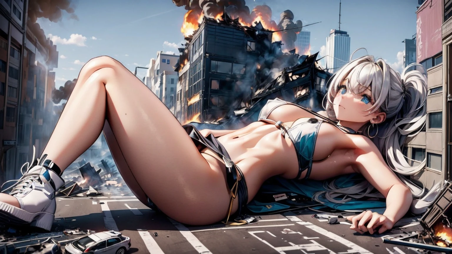 Giantess with firm , long sexy legs, yellow hair and in a bikini is lying on the ground, while the city at her feet burns in flames for the destruction she has caused, while the tiny people climb on her body to try to defeat her uselessly. Giantess, goddess, macrophilia, curvaceous body, hentai, fetish, sexy legs, bikini, high heels, high quality
