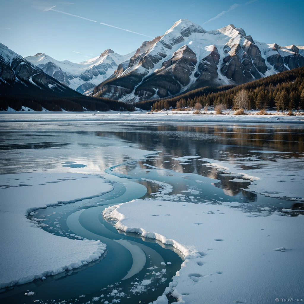 frozen water with mountains