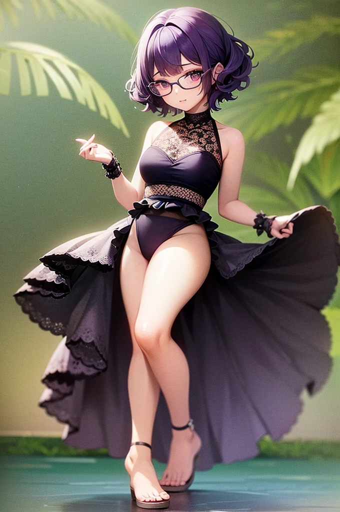 one girl, short very curly purple hair with dark purple strand, glasses, two-piece black color lace flower theme swim outfit, simple detaled, lovable, no background, dynamic pose,, full body ,detaled feet,short blouse with fishnet, flowers