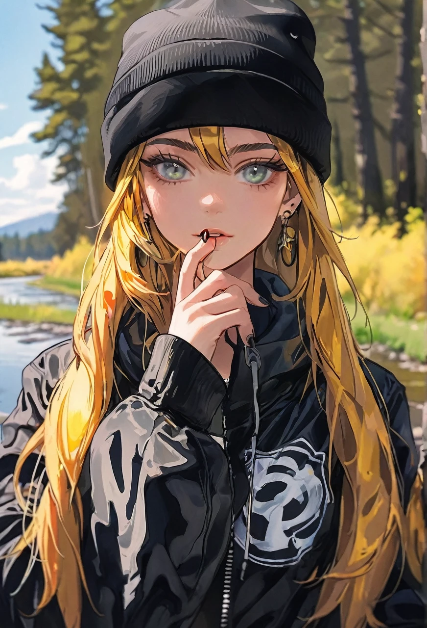 Walking river bank, loose black jacket, perfect hands, high detail, high quality, best detail, perfect irises, beanie, hipster, adult female, beanie, calm demeanor, mature, firewatcher