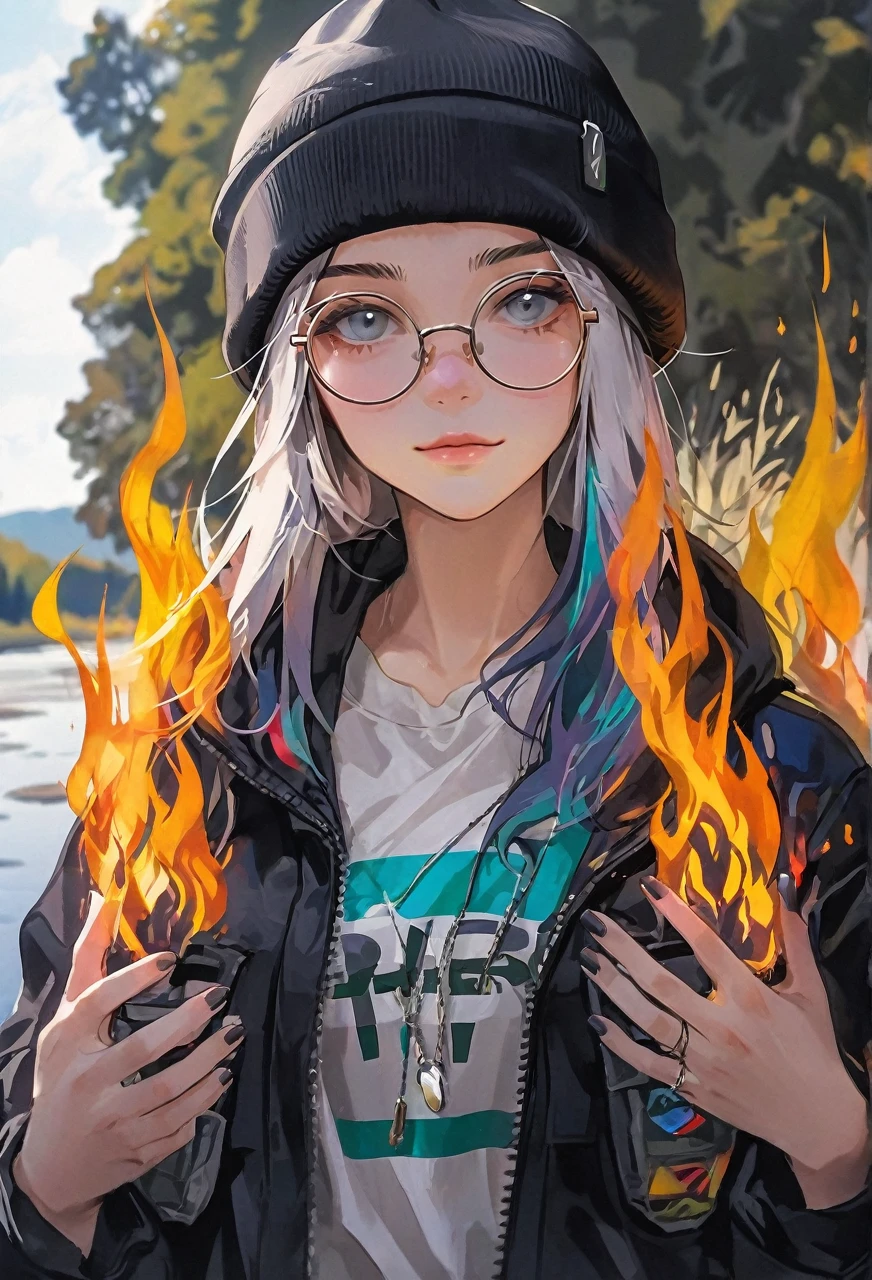 Walking river bank, loose black jacket, perfect hands, high detail, high quality, best detail, perfect irises, beanie, hipster, adult female, beanie, calm demeanor, mature, firewatcher