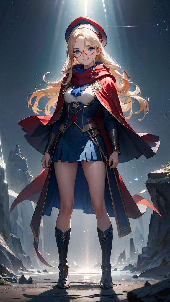 Best quality, Ultra detailed, best quality, insanely detailed, beautiful, masterpiece, 8k, 
break  
Lens Flare,night sky, Streaks of Light,refraction Glowing white lines ,Crossing Light,Shining Background, light particles
break 
crystal trees,
break 
1girl, blonde hair, (slicked back hair:1.2), forehead, long hair, red Beret, blue Scarf ,blue Compression Shirt, blue eye glasses,  tareme , blue eyes, ultra detailed eyes, blue sheath skirt, mini skirt, (red and  blue cloak:1.2) , long cloak,blue boots, pale skin , full body, portlait, (stare at viewer:1.5),(seductive smile:1.3), (embarrassed:1.0),(orgasm:1.2), nsfw, , short,