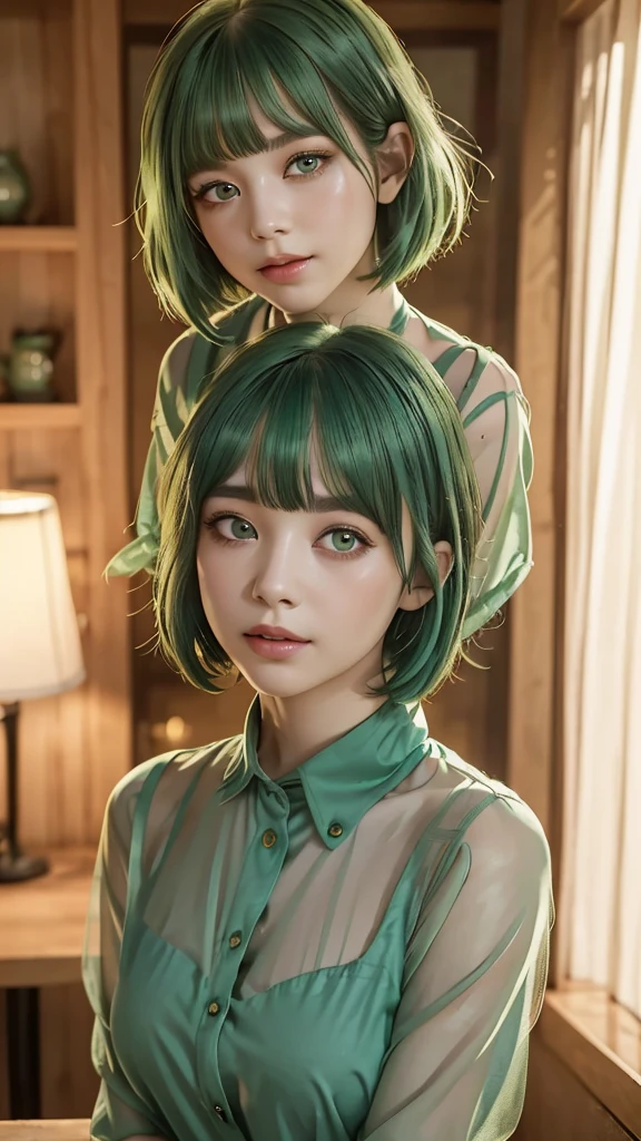 Beautiful woman,View your viewers, , dark, Backstreets, Neon Signs, High Contrast, Low light, Vibrant, Very detailed, Green Ash Hair Color, Glowing Eyes、 With a face like an elementary school student、Slime-ified、Flat Body、accelerated background blur、Enako、Enako、Enako、