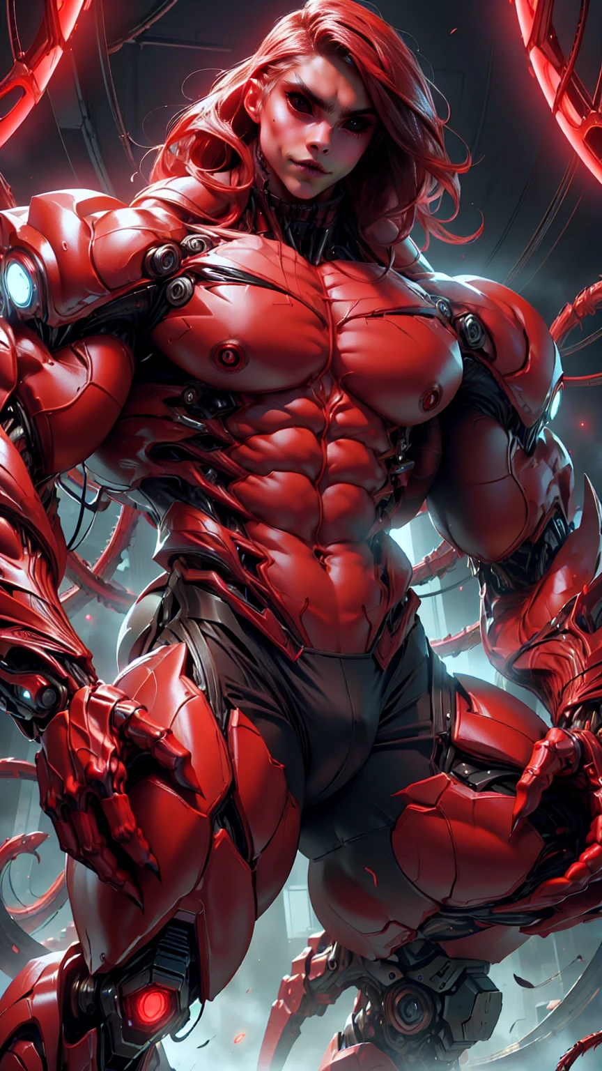 (beautiful girl:1.25), (megan fox:1.25), (young bodybuilder girl wearing cybernetic muscle suit:1.25), carnage muscular physique, seductive face, mouth wide open carnage style, long red hair, perfect muscular body, super skinny legs, sissy, femboy, (carnage style physique)