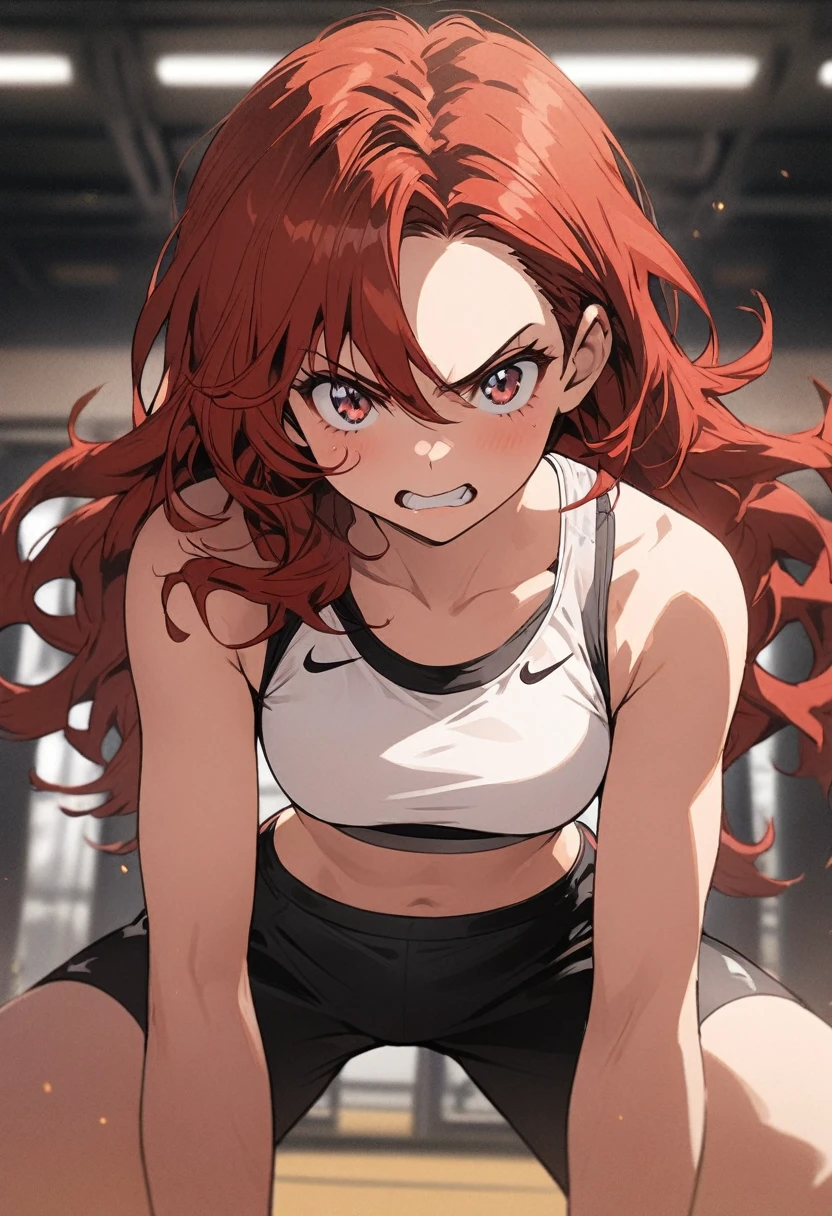 Anime Short red hair Boyish Small breasts Black tank top Navel-baring abs Girl Red long sleeves and pants
