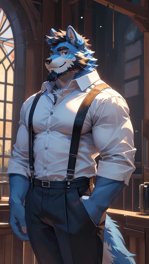 ((best quality)), ((masterpiece)), (Ultra detailed), ((4k)), solo , Furry, anthro, Sky Blue Fur , Short Hair , Middle Ages , Beard , Shirt , White shirt , Big Pecs , collared shirt , pants , suspenders , pectorals , sleeves rolled up, Black Coat , Cool Pose , Smile , Brightness