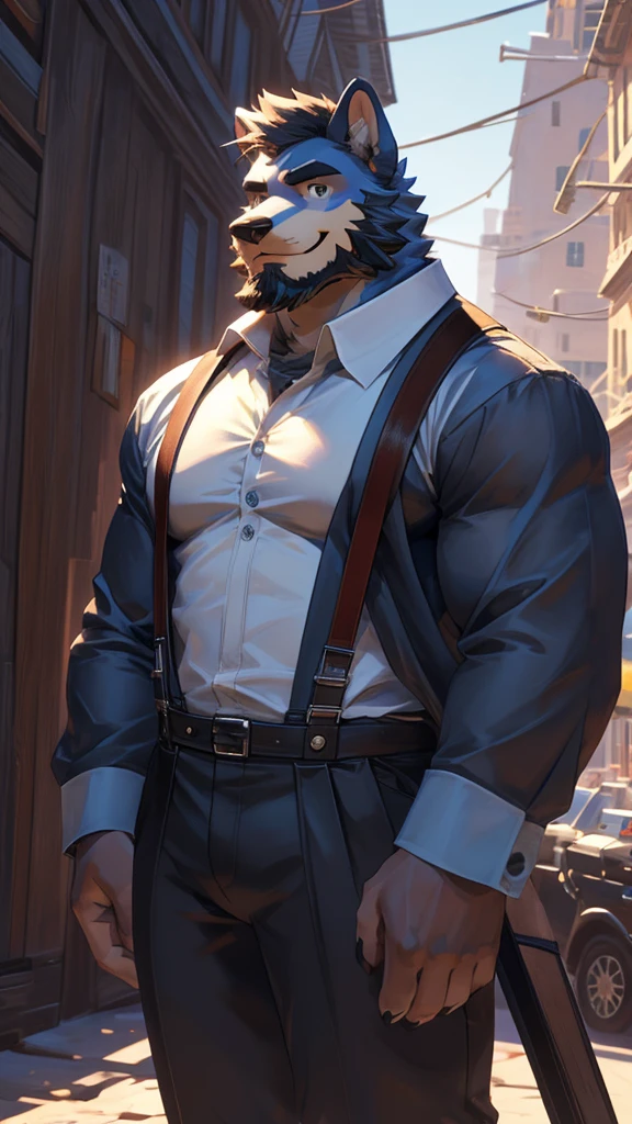 ((best quality)), ((masterpiece)), (Ultra detailed), ((4k)), solo , Furry, anthro, Sky Blue Fur , Short Hair , Middle Ages , Beard , Shirt , White shirt ,  Big Pecs , collared shirt , pants , suspenders , pectorals , sleeves rolled up, Black Coat , Cool Pose , Smile , Brightness