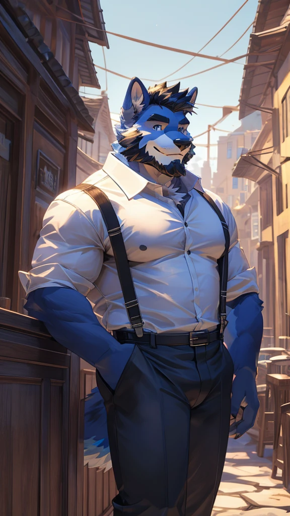 Furry, anthro, Wolf , Blue Fur ,Wearing Black Cap solo, shirt, 1boy, white shirt, Muscle body, male focus, collared shirt, pants, looking to the side, suspenders, pectorals, sleeves rolled up,Holding Black Coat, wristwatch, beard , (Ultra Details),(masterpiece)