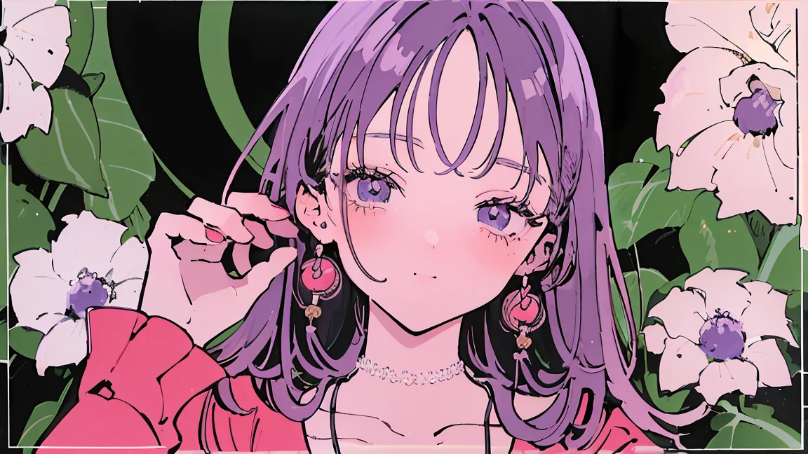 (Highest quality:0.8)、(Highest quality:0.8)、Super detailed、Analog illustration、Koto Tsumi \(style\)、masterpiece、Highest quality、Close-up portrait of a woman、1990、Comic Strip、Art illustration、Retro Pop、Purple Hair、Long eyelashes、Red dress、Emerald Necklace、Smiling in the garden of the full moon