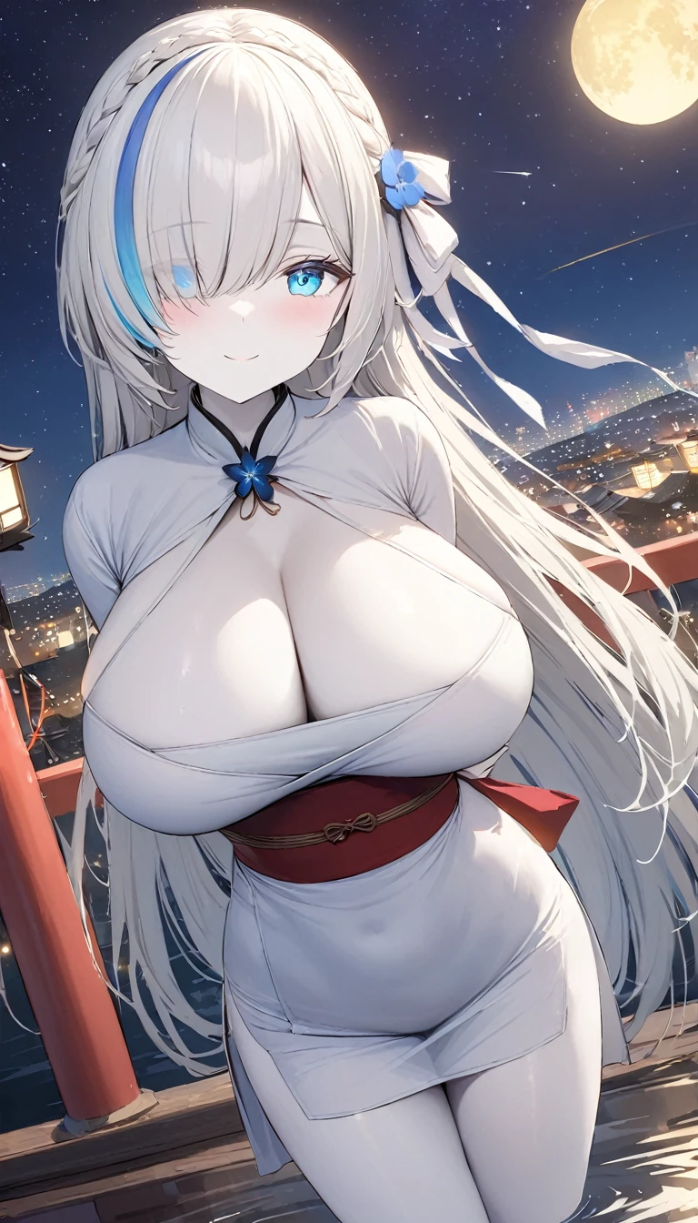 (masterpiece, high quality, high detail, 4k, rtx, high resolution:1.2),blue_streaked_hair,hair_over_one_eye, blue_eyes,very long hair,braid,white hair_ornament,white skin,black nail_polish,aged_down, solo,1girl, aerial_fireworks, architecture, aurora, bridge, building, city_lights, cityscape, cloud, constellation, crescent_moon, earth_(planet), east_asian_architecture, festival, fireflies, fireworks, flower, fountain, full_moon, galaxy, hair_ornament, horizon,(white dress, china_dress, sexy pose,huge breasts:1.1),lantern, light_particles, looking_at_viewer, milky_way, moon, moonlight, night, night_sky, obi, onsen, outdoors, paper_lantern, planet, reflection, sash, shooting_star, sky, skyline, skyscraper, smile, snow, snowing, solo, space, sparkle, standing, star_(sky), star_(symbol), starry_background, starry_sky, starry_sky_print, summer_festival, sunrise, tanzaku, telescope, torii, tower, twilight,wading, water,arms behind back,finger polish