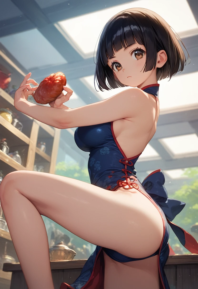 score_9,score_8_up,score_7_up,masterpiece,best quality, source anime, realistic, super detailed, extreme detailed, rating_safe,
1girl, fighting pose,
BREAK girl, 22yo, short hair, bob cut, (blunt bangs), black hair, (tareme, detailed cute brown eyes), curled eyelashes, (large breasts:0.9),
shiny hair, beautiful detailed eyes, beautiful face,
slender, small ass, slim legs,
 body conscious cheongsam,  serious, Chinese restaurant