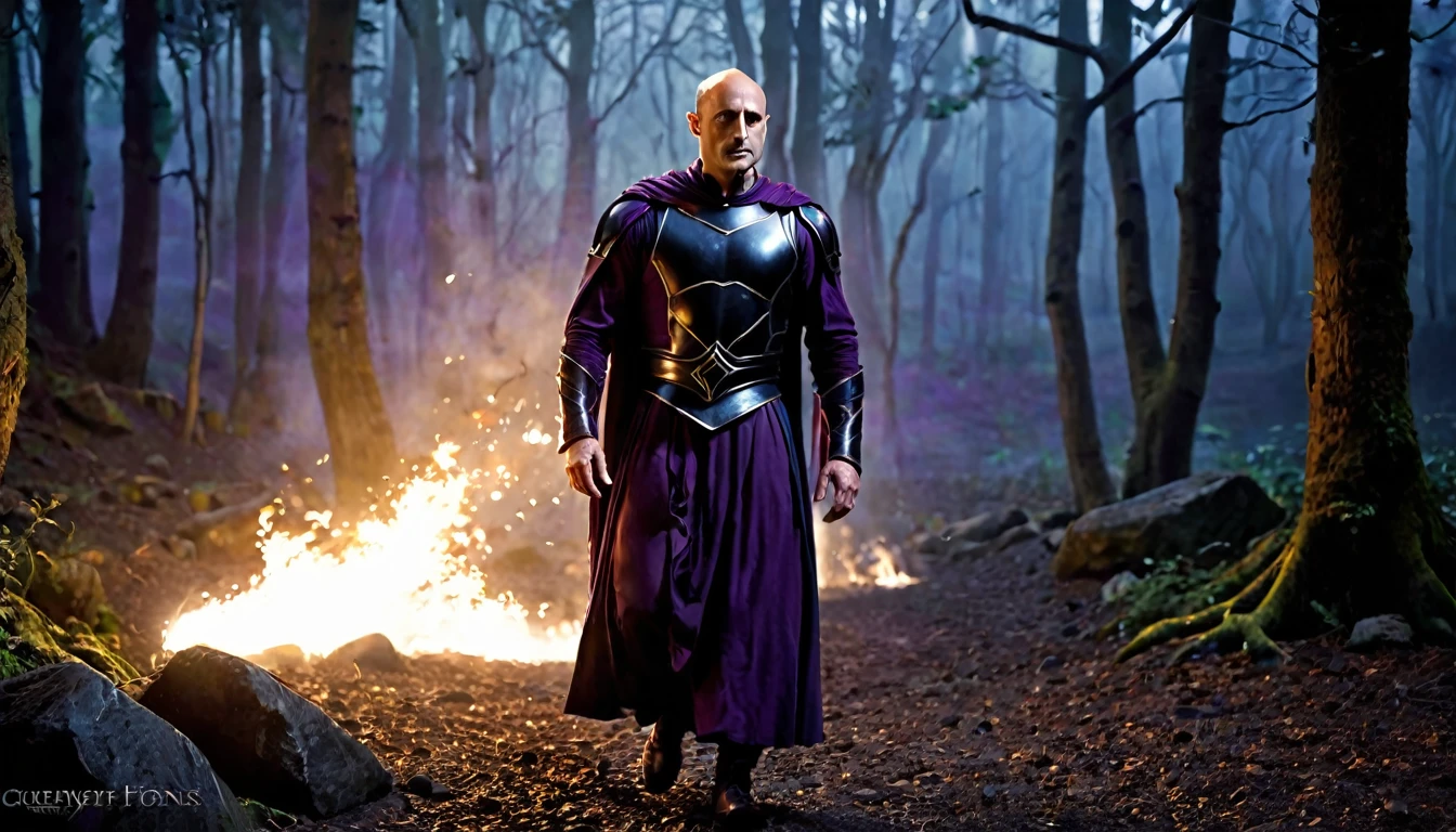 sorcerer man, super muscular body on steroids, (with Mark Strong's face) bald, dressed in black and violet medieval tunics, from his hands he emits powerful, magical rays, lighting with a flashing blue glow, standing in a dark forest, surrounded of torches that illuminate the scene, black stones on the ground, in the background, ghostly fog (dark fantasy image), ethereal atmosphere, cinematic, photorealistic lighting, (best quality,). 8k, high resolution, masterpiece: 1.2), ultra detailed, realistic, photorealistic: 1.37, spectacular lighting, moody, fantasy, concept art